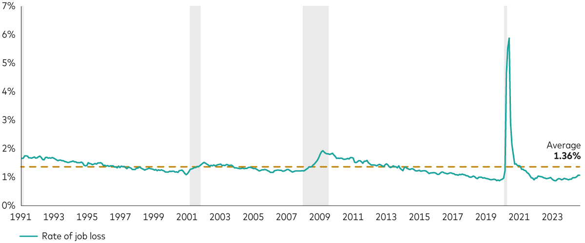 chart shows the long-term rate of job loss and how the US is well positioned heading into 2025.